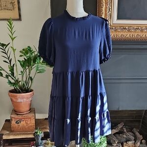 SHEIN Blue Puff Sleeve Tiered Mini Sundress